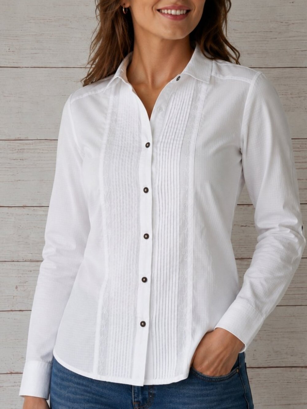 Massimo Dutti Women's White Shirt Button Up Pintucks Roll Tab Sleeves Cotton S